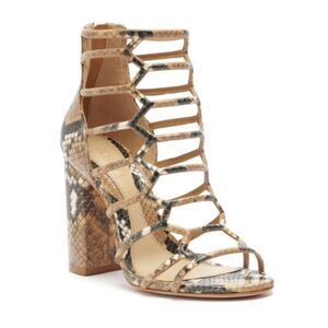 SCHUTZ Juliana Leather Caged Block Heel Sandal Snake Embossed Tan Black Size 7.5